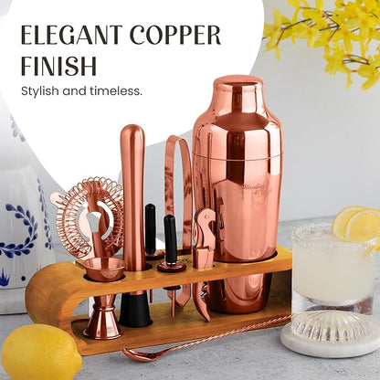 Mixology & Craft Cocktail Shaker Set with Bamboo Stand - Professional 10-Piece Bartender Kit - Complete Bar Set & Cocktail Mixer Kit for Home (Copper)
