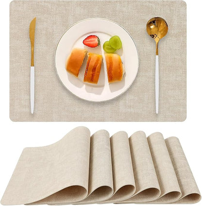 Faux Leather Placemats Set of 6, Heat Resistant Wipeable Washable Vinyl Place Mats, Waterproof Anti-Slip Dining Table Mats, Suitable for Indoor & Outdoor Use (Beige)