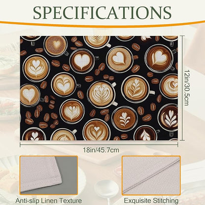 Cloth Placemats,Coffee Theme Fabric Placemats Set of 6,Washable Coffee Beans Table Mats,Decorative Place Mats for Dining Home Kitchen Holiday Party 11.8x17.7 Inch