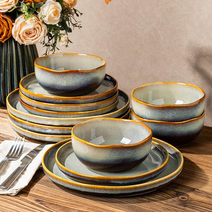 Ceramic Dinnerware Set for 4, 12-Piece Plates and Bowls Set | Handmade Reactive by TheTerra