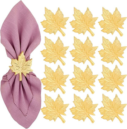 CLEENTABLE Maple Leaf Napkin Rings - Set of 12 Handcrafted Aluminum Napkin Holders for Cloth & Paper Napkins, Elegant Table Décor for Wedding Receptions Thanksgiving Christmas Holiday Parties (Gold)