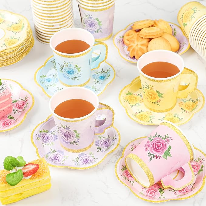 24 Sets Floral Paper Tea Cups and Saucers Disposable Tea Party Supplies - Image 4