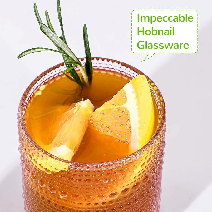 Hobnail Drinking Glasses with Bamboo Lids and Glass Straw 4Pcs Set - 14oz - Image 4