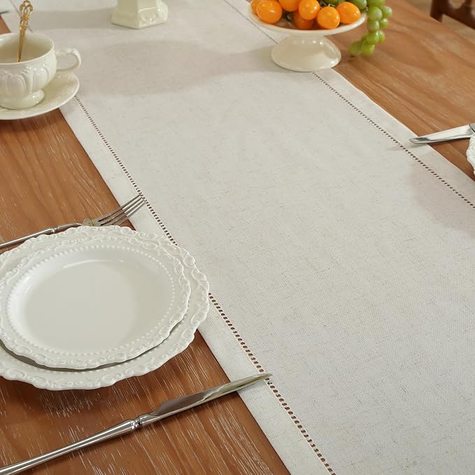Linen Blend Table Runner – Light Natural Handmade Hemstitch, Classic Style - Image 3