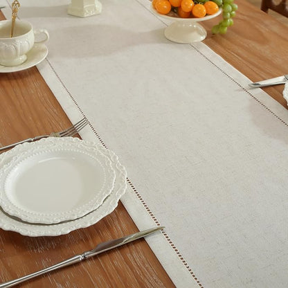 Linen Blend Table Runner – Light Natural Handmade Hemstitch, Classic Style - Image 3