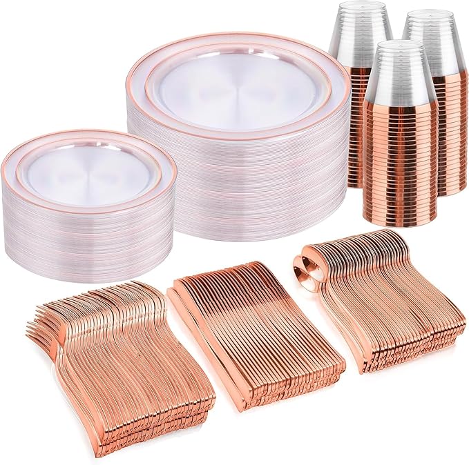 bUCLA 300PCS Rose Gold Plastic Dinnerware by BUCLA