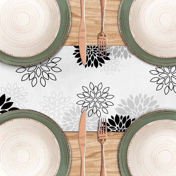 Dahlia Flower Table Runner 13x71 Inch Farmhouse Black Gray Runners Modern Table - Image 4