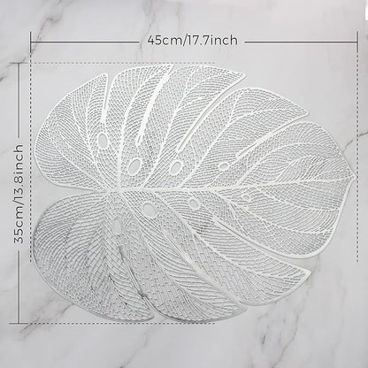 Evevda Silver Leaf Shaped Vinyl Placemats for Dinner Table Set of 8 Metallic Plastic Place Mats Wipeable 8Pcs Table Mats for Wedding Annersary Dinner Table Decoration Mats(17.7x13.8inch/45x35cm)…