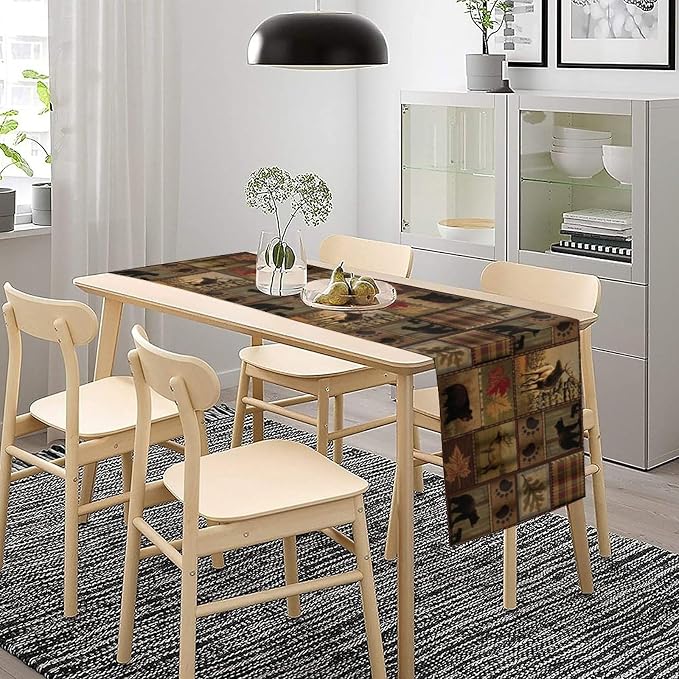 Rustic Bear Table Runner, Vintage Cottage Country Style Pine Tree Elk Wildlife - Image 3