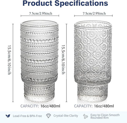 16oz Drinking Glasses Set of 4, 2 Hobnail Glasses & 2 Embossed Water Goblets, Flower Design Stackable Vintage Tumbler Glasses, Old Fashion Beaded Glass Cups for Cocktail, Iced Coffee, Beer