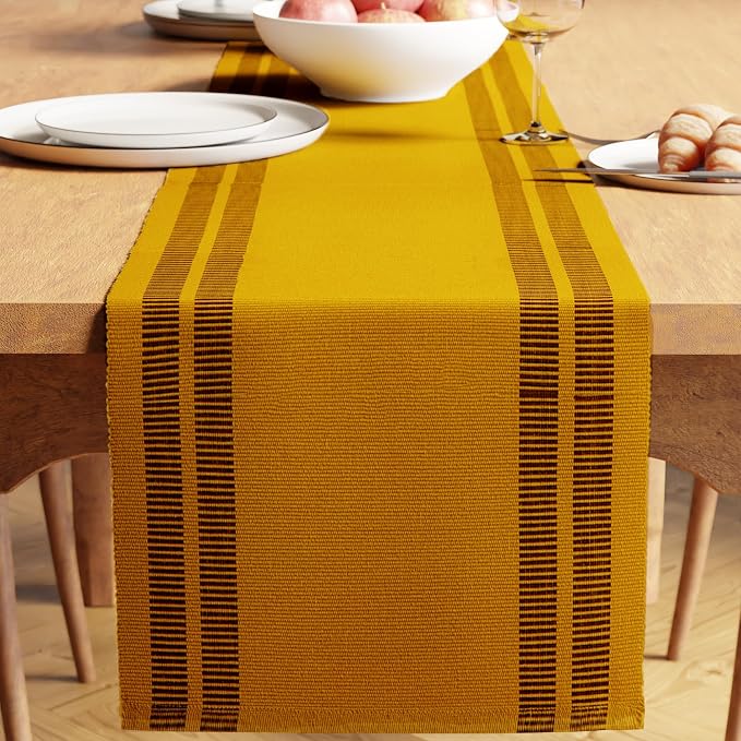 Encasa XO Table Runner, Yarn Dyed Ribbed Cotton 13"x94" | Ladder Yellow by EncasaXO