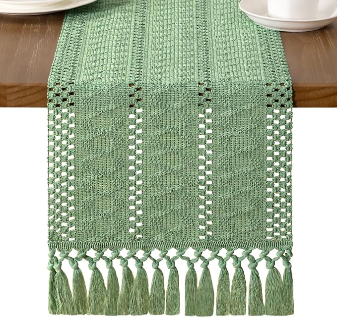 MLMW Boho Sage Green Table Runner Farmhouse Burlap Small Table Runner Dresser by MLMW