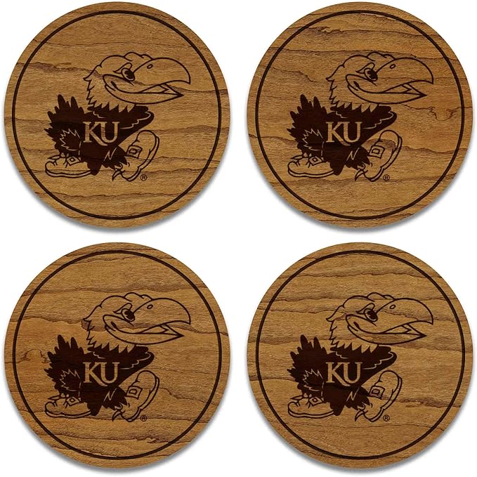 LazerEdge Kansas Jayhawks Wooden Coaster Set - Cherry Wood - Officially Licensed Product - 4-Pack