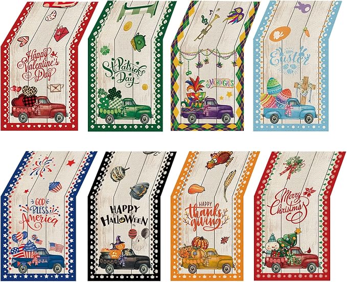 8 Pcs Truck Holiday Table Runner 72 Inches Long, Plaid Valentines Day St by YOVOYOA