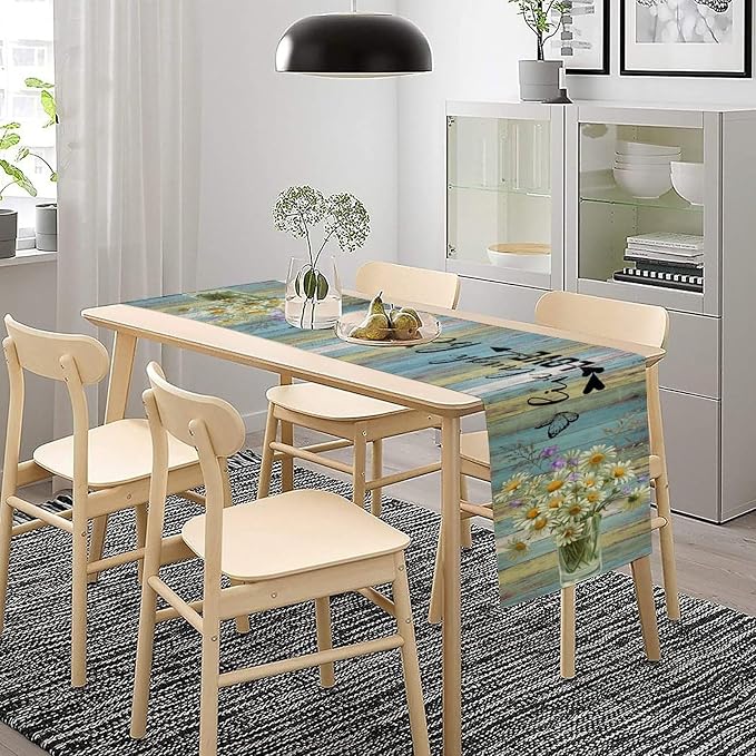 White Daisy Table Runner, Rustic Spring Sunflowers Floral Flower Vase Wooden - Image 3