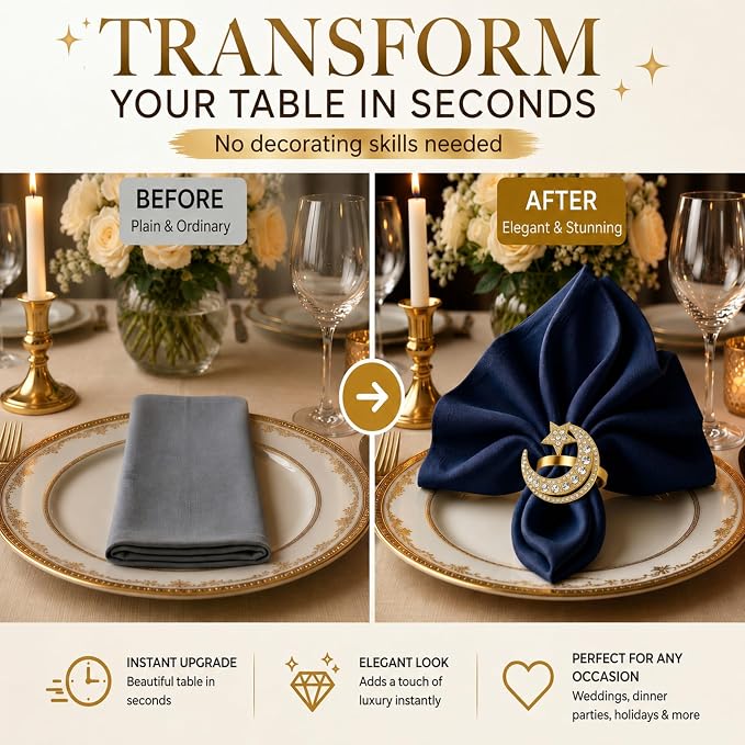 Gold Napkin Rings Set of 12 – Moon & Star Design – Elegant Napkin Ring Holders - Image 3