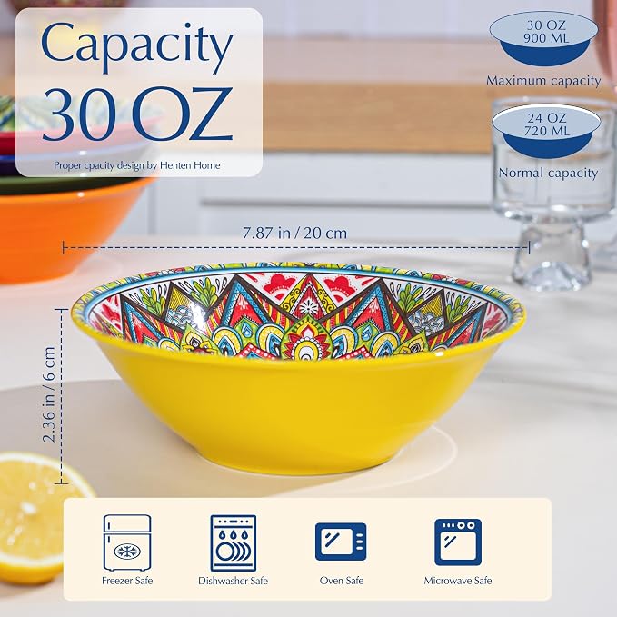 Henten Home Bohemian Ceramic 30 oz Ramen Bowl Set of 6 | Colorful design - Image 2