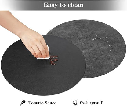 Round Placemats and Coasters Set of 4, Washable Reversible Faux Leather Placemats Cowhide Pattern Place Mats Wipeable Non-Slip 15 inch Round Kitchen Dining Table Mats (Gray Black, 4)