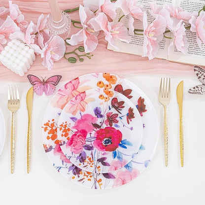 DaYammi 20Pcs Floral Disposable Plastic Plates-Disposable Heavy duty Watercolor Floral Plastic Plates 10.25 inch Dinner plates and 7.5 inch Dessert plates, Disposable Plate for Valentine's Day Party