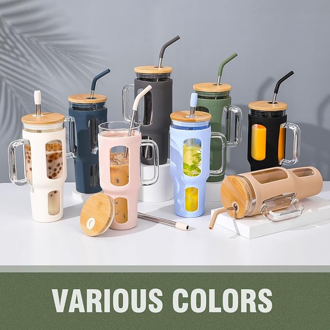 WINSA Glass Tumbler with Lid and Straw, 46 oz, Olive | Iced Coffee Cup with - Image 7