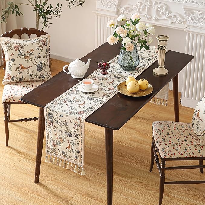 Designer French Linen Extra Long Table Runner, Floral Bird Pattern, Dining Table - Image 4