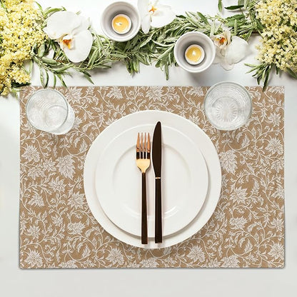 Block Print Placemats - Vintage Floral Place Mats Set of 4 Rustic Brown Beige Tablemats 12x18 for Party Kitchen Dining
