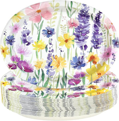 50Pcs Spring Floral Oval Paper Plates 10" x 12" Large Heavy Duty Disposable Flower Vintage Dessert Themed Plates for Spring Summer Floral Holiday Wedding Party Supplies Decorations