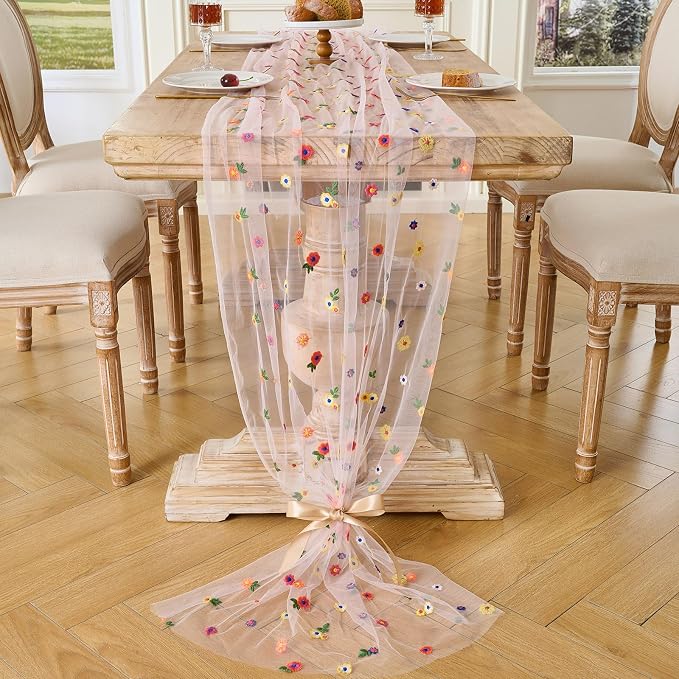 BINBE 12pcs Daisy Spring Table Runner Embroidery Gauze 10FT Florals Seasonal - Image 7