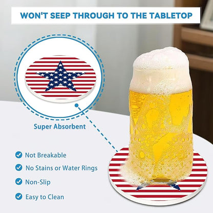 American Stars & Stripes Coasters Set of 4, Round 4" Absorbent Ceramic Stone Coasters with Cork Base, Ideal Table Home Decor & Gifts