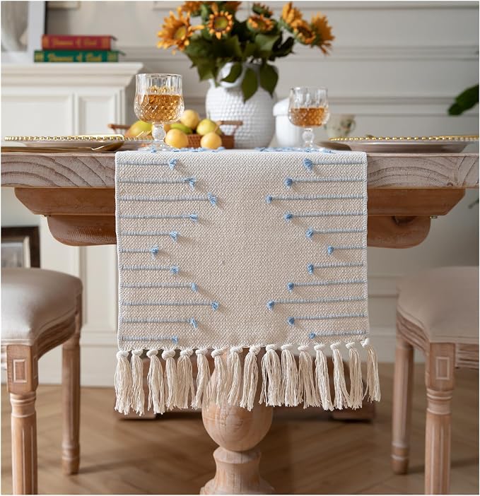 Boho Table Runner 13 x 108 Inch Long Natural Cotton Woven Runner by Caflife
