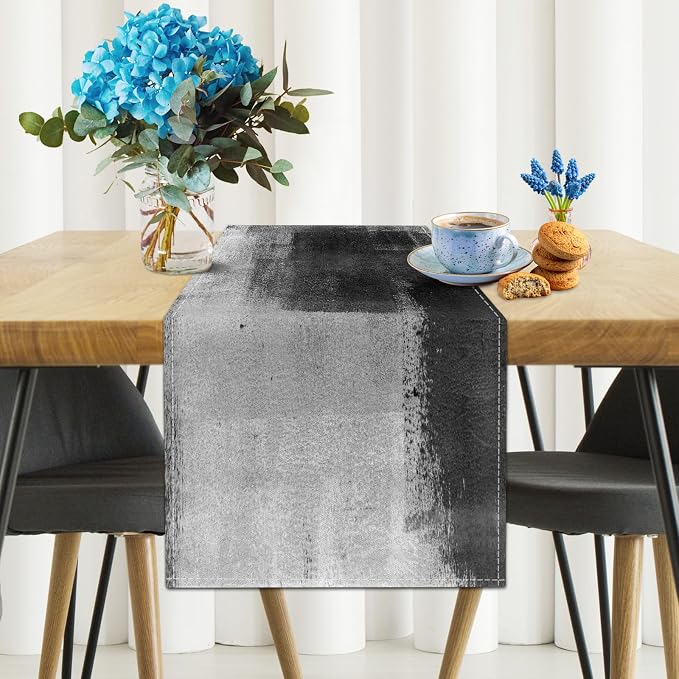 Black Grey Table Runners Rustic Farmhouse Linen Table Runners Abstract Art - Image 2