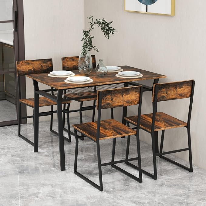 Giantex Dining Table Set for 4, 47”L x 28”W Rectangular Kitchen Table w/ 4 Trapezoid Chairs, Reinforced Metal Frame & Storage Rack, Industrial Space-Saving Dinette Set for Kitchen Dining Room (Brown)