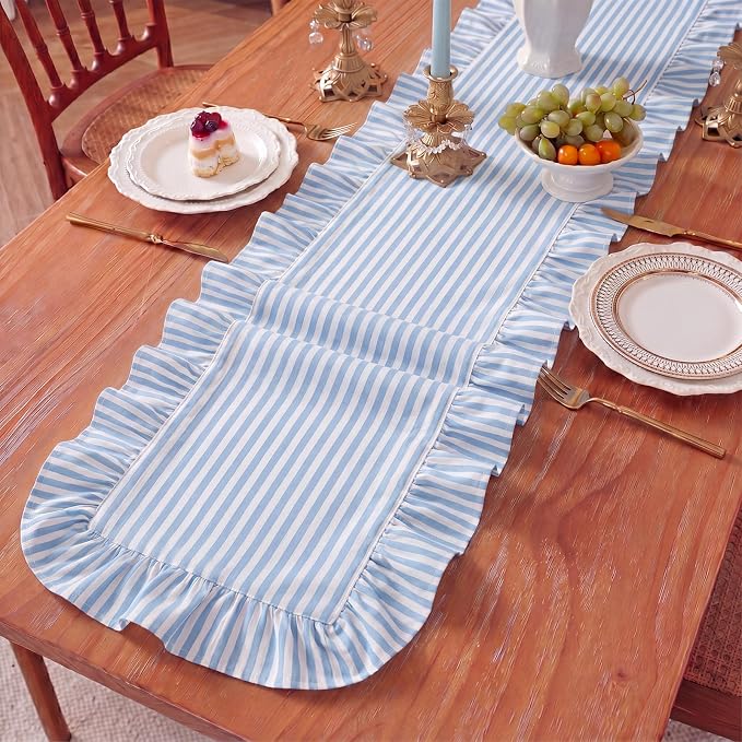 HunnmingRe Ruffle Trim Boho Table Runner Farmhouse Rustic Stripes Scalloped - Image 3