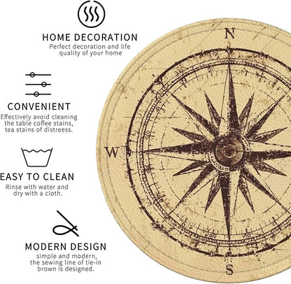 Compass Coasters Leather Round Drink Coasters 6 Pcs Set with Holderor for Cup Drink Coffee Table Bar Home Decor