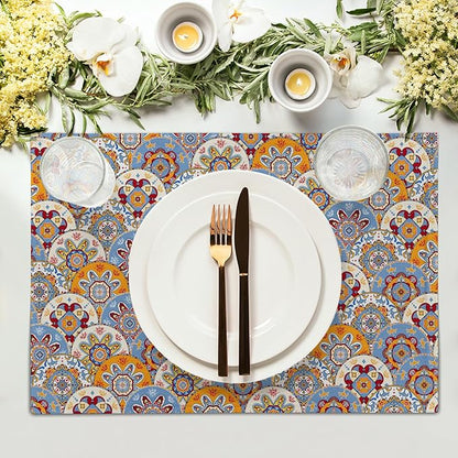 Boho Floral Placemats for Table - Bohemian Flowers Place Mats Set of 4 Beige Blue Place Mat 12x18 for Party Kitchen Dining Home