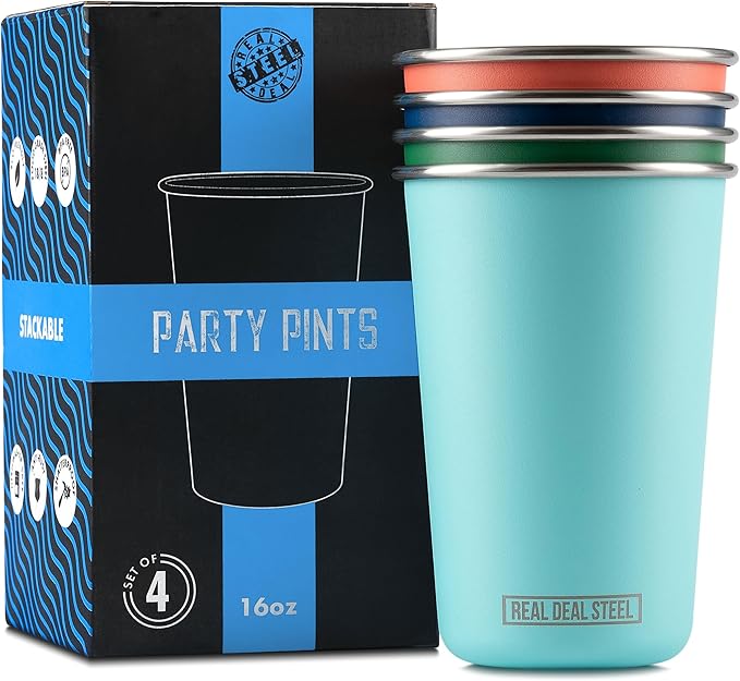 Real Deal Steel Party Pints: 16 oz Pint Cups, Stackable Tumblers, Eco Friendly by RDS