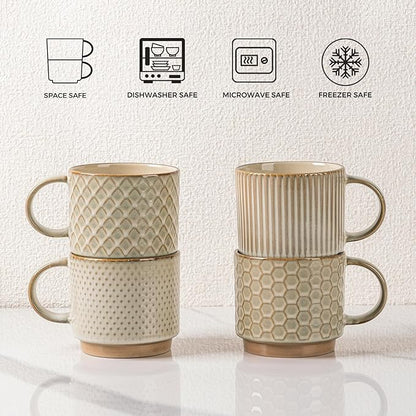 GBhome 12 OZ Stackable Coffee Mugs Set of 4, Ceramic Coffee Cups Set | Coffee - Image 7