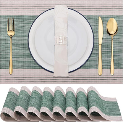 Winknowl Placemats, Set of 8 Heat Resistant Stain Resistant Woven Vinyl Insulation Place mats, Durable Washable Elegant Table Mats for Dining (Striped Green)