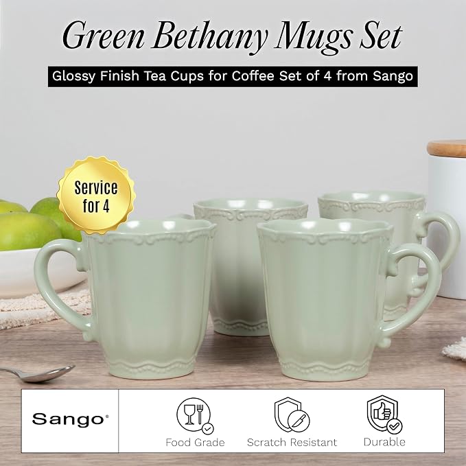 SANGO Bethany Sage Mugs Set of 4, 15 oz Stoneware Green Coffee Mugs, Vibrant - Image 2