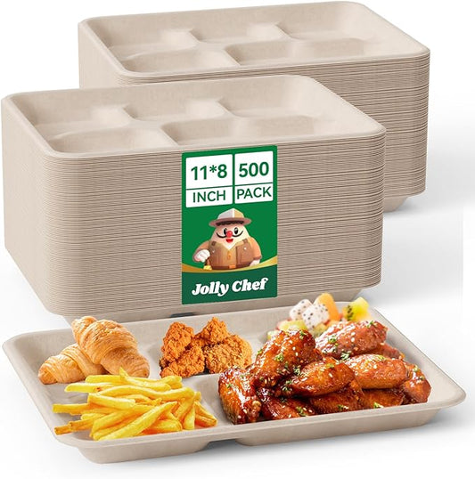 JOLLY CHEF Compostable 𝟱 Compartment Paper Plates 𝟭𝟭 * 𝟴 𝗶𝗻𝗰𝗵 [𝟱𝟬𝟬 𝗣𝗮𝗰𝗸] Heavy Duty Natural Divided Disposable Eco-Friendly Biodegradable Food Trays for Party Lunch Dinner Christmas