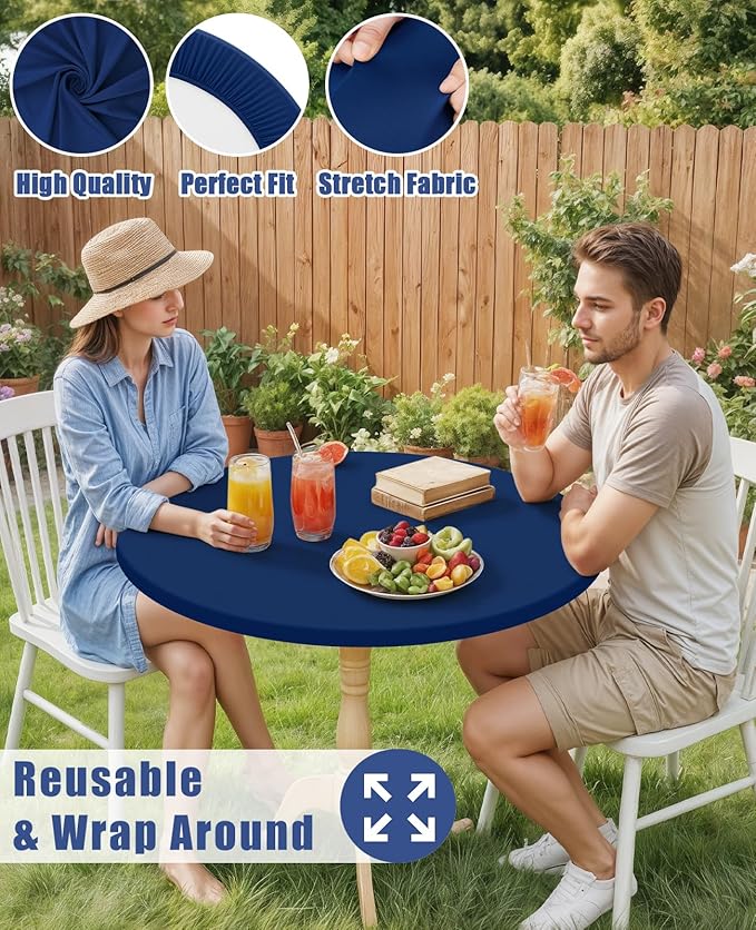 Round Spandex Tablecloth 2 Pack, Elastic Fitted Waterproof Tablecloths for 18"-24" Tables, Stretch Washable Picnic Table Cover for Camping, Dining, Indoor and Outdoor, Navy