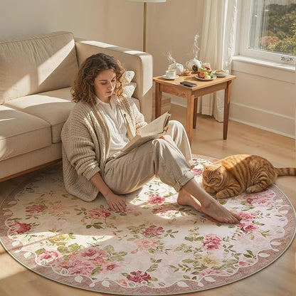 Lahome Floral Round Entryway Rug 4ft,Small Washable Circle Rug for Girls Bedroom Bathroom,Vintage Carpet for Kids Room, Office, College Dorm