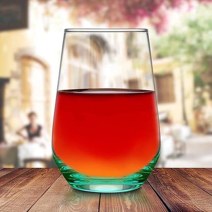 DISCOUNT PROMOS 10 Vaso Silicia Stemless Wine Glasses Set, 16 oz. - Clear, Orb-Like, Thick base - Green