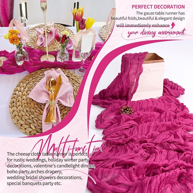 Showgeous 2 Pack Fuschia Cheesecloth Table Runners Boho Wedding Decor | Rustic - Image 6