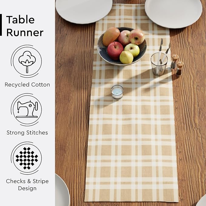 Encasa XO Table Runner, Woven Cotton Dining Runner 13"x36" Franca Beige Checks - Image 4