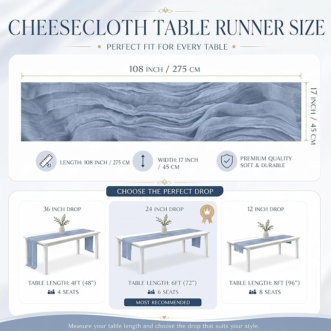 2 Pack Dusty Blue Cheesecloth Table Runner 17x108 Inch Boho Rustic Semi Sheer - Image 3