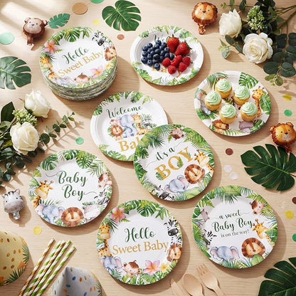 Gerrii 60 Pcs Safari Baby Shower Party Plates 7 Inch Weilcome Baby Disposable - Image 6