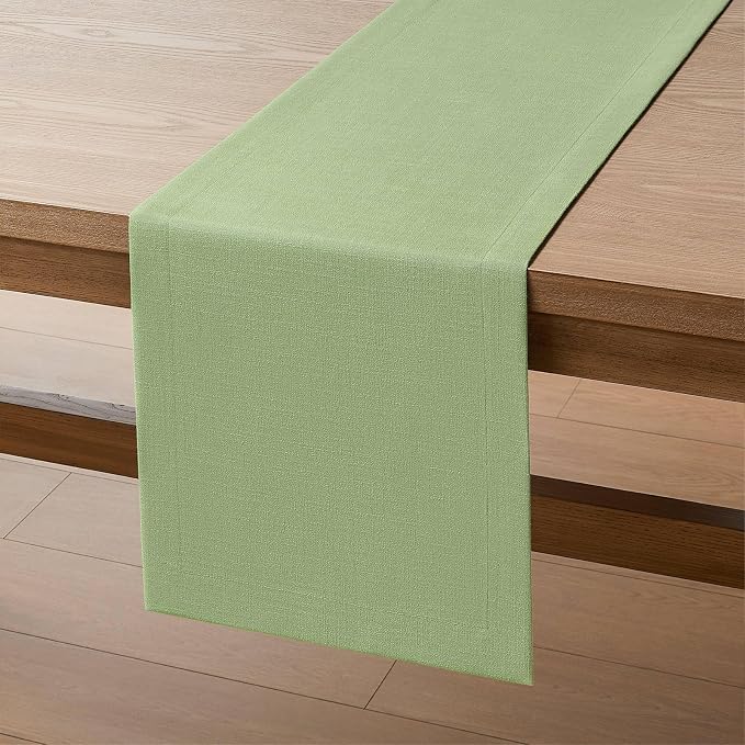 Linen Textured Border Table Runner, 14 x 36 Inch Green | Mitered Corner Design - Image 7
