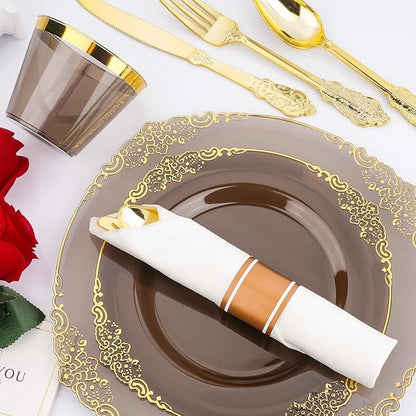 350 PCS Black and Gold Plastic Plates, Disposable Dinnerware Set for 50 Guests, 100 Disposable Plates, 150 Silverwares, 50 Cups, 50 Napkins for Wedding, Party, Graduation