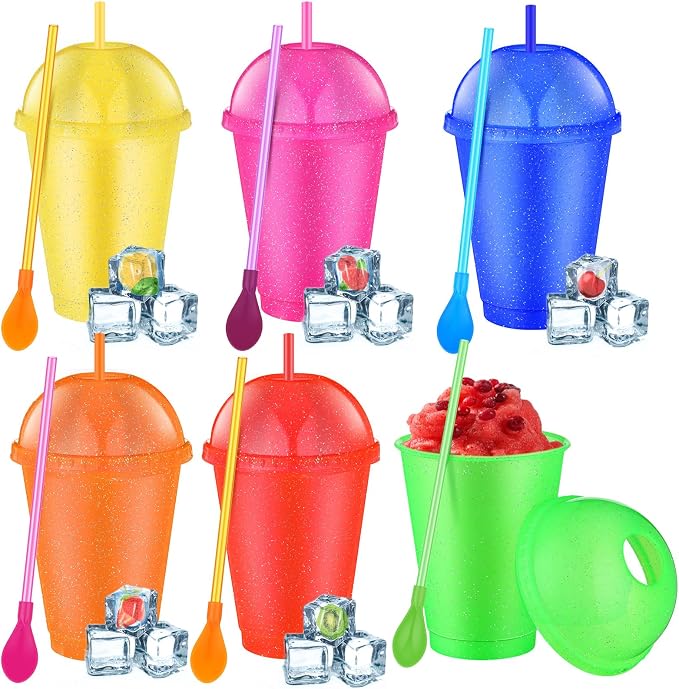 6 Set Slushie Cups with Dome Lids and Straws Detachable Spoon Straws Reusable by Unknown